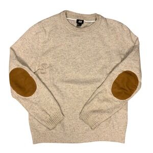 HM Mens Crewneck Sweater Oatmeal Beige Speckled Elbow Patches Wool Blend Medium